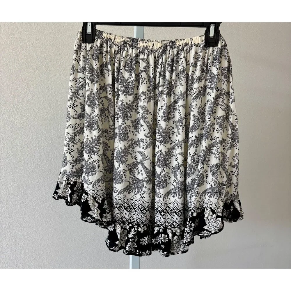 Ruffle Hem Skirt Large Black White Floral Paisley Boho Cottagecore Festival - Picture 4 of 13